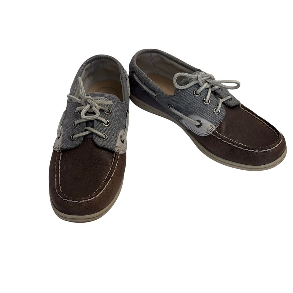 Sperry Top-Sider Boat Shoes Brown Leather Gray‎ Canvas Coastal Preppy 7